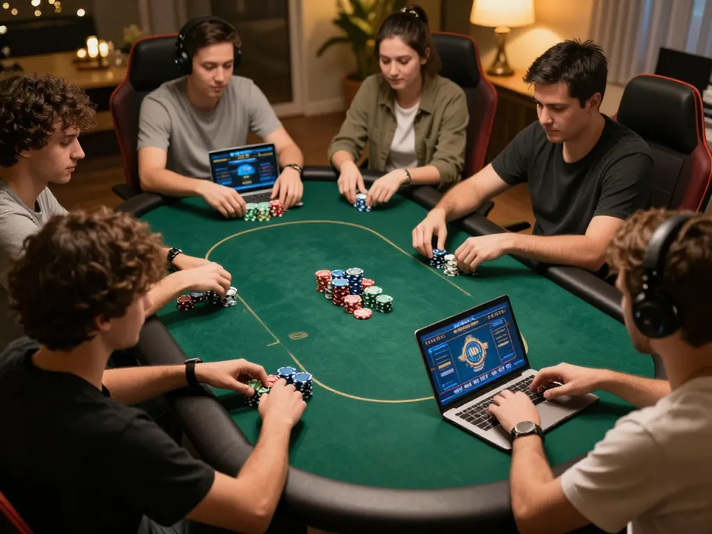 Players strategizing online in an engaging poker game using lode88vi platforms, showcasing competitive atmosphere.