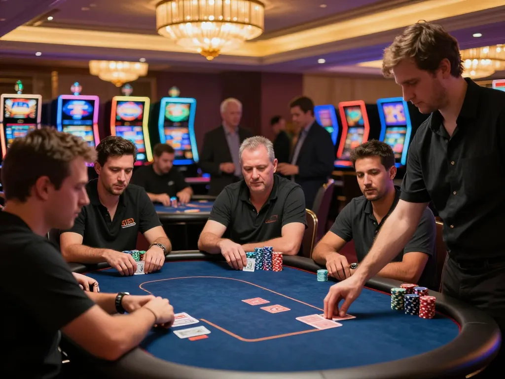 Players engaging in a high-stakes poker game at a DEBET casino table, showcasing excitement and strategy