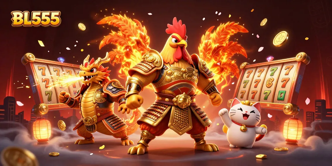 Experience thrilling gameplay at BL555 with a legendary rooster warrior and dragon mascot in an energetic casino setting.