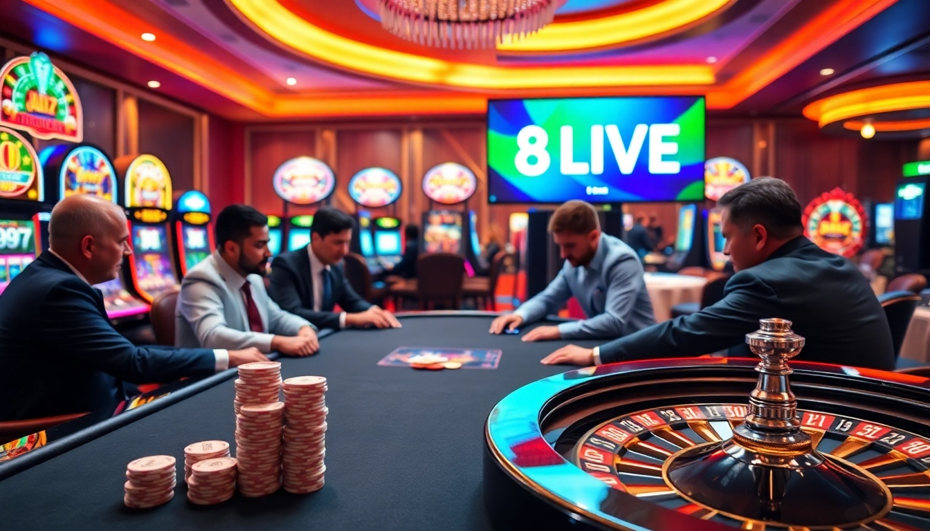 Experience the excitement of online gambling at 8LIVE with professional players at a poker table.