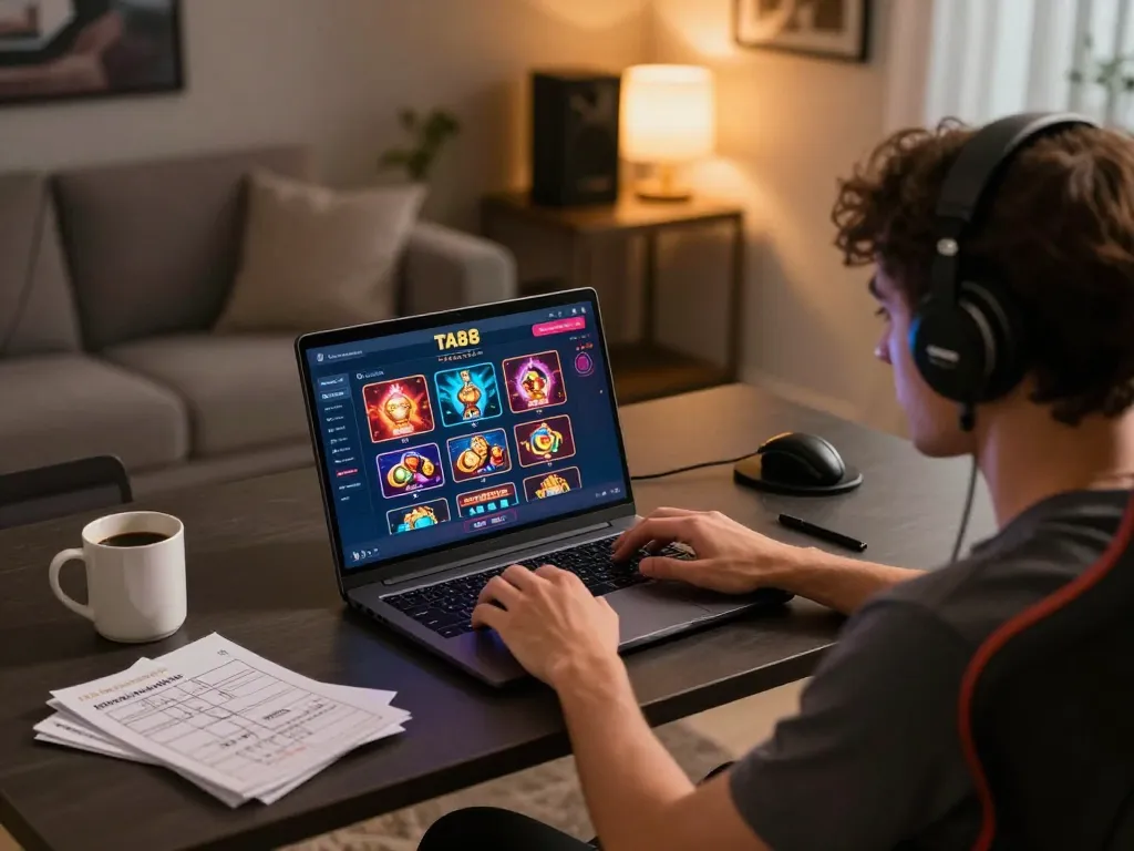 Person enjoying online gaming experience with TA88 casino interface on laptop, showcasing an inviting home setup.