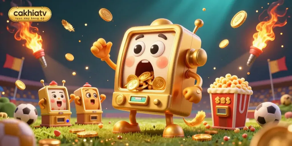Experience thrilling cakhiatv trực tiếp bóng đá action with a golden slot machine celebrating its jackpot amid vibrant casino elements.
