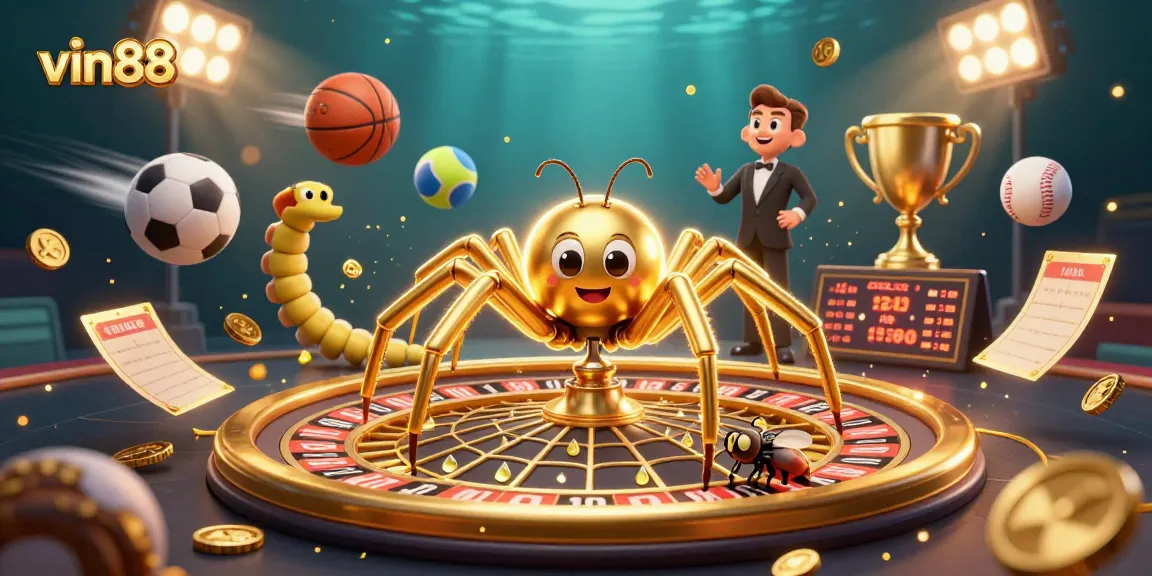 Place your bets at vin88 with an exciting 3D casino scene showcasing a spider spinning a roulette web.