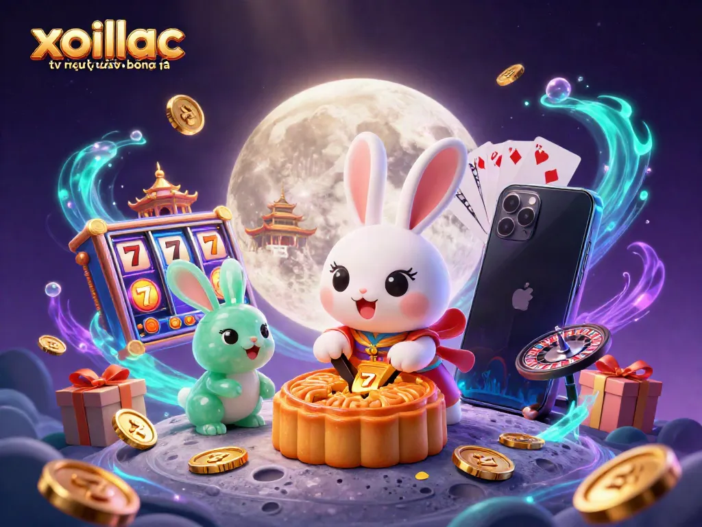 Xoilac tv trực tiếp bóng đá gambling scene featuring a dynamic 3D illustration of animated characters with casino elements.