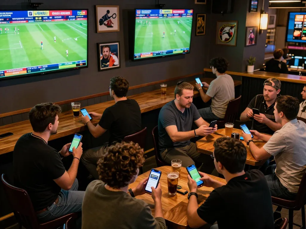 Synchronized excitement in sports betting at a bar, fans using socolive tv for live updates.