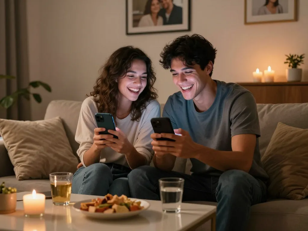 Engaging sexting ai conversation between a couple in a cozy living room.
