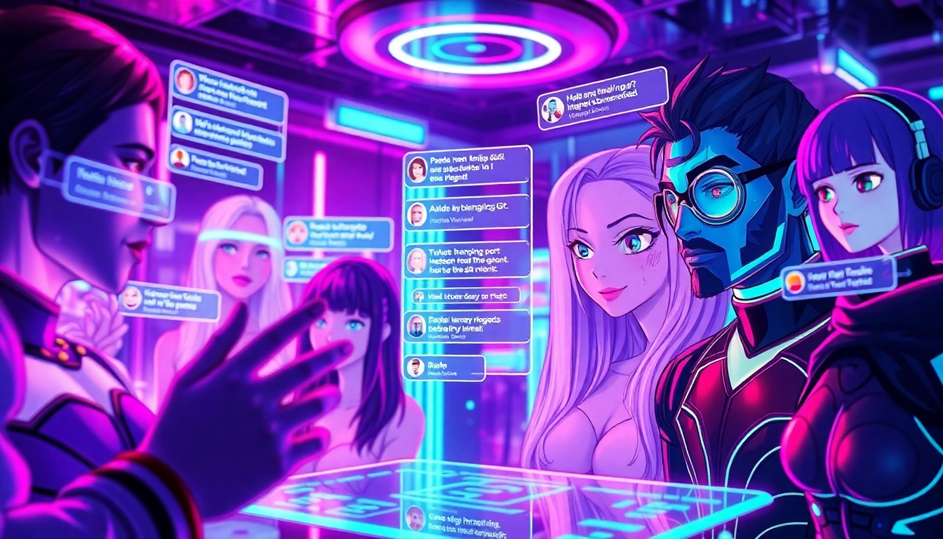 Engaging interaction with character ai nsfw in a vibrant, futuristic virtual environment featuring AI avatars.