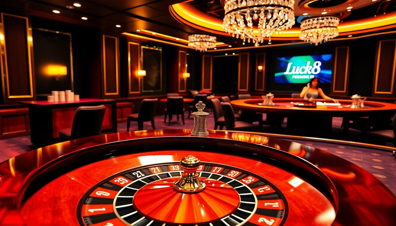Players enjoying thrilling games at Luck8 casino, featuring roulette and vibrant poker tables.