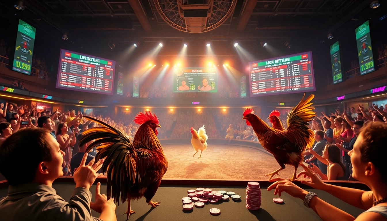 Live betting excitement on đá gà trực tiếp with cheering crowd and dynamic roosters.