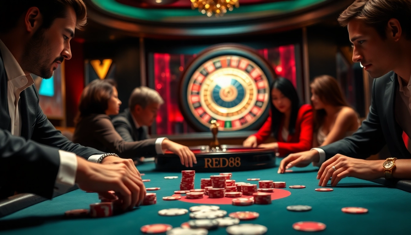 Players strategizing at a RED88 poker table amidst a vibrant casino atmosphere.