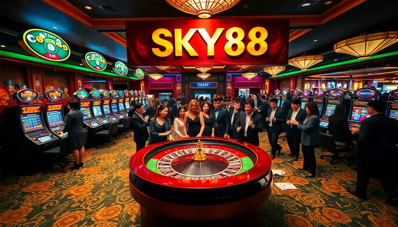 Players engage at the SKY88 roulette table in a luxurious casino setting, showcasing excitement and glamour.