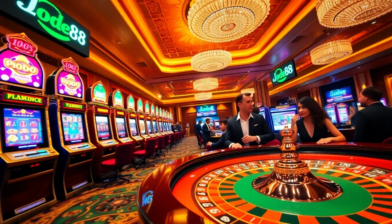 Lode88.network showcases a dynamic casino environment, featuring roulette, poker, and vibrant slot machines.