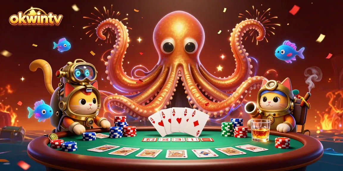 Win big with okwintv as a colorful kraken and diving cat celebrate at a dynamic gambling scene.
