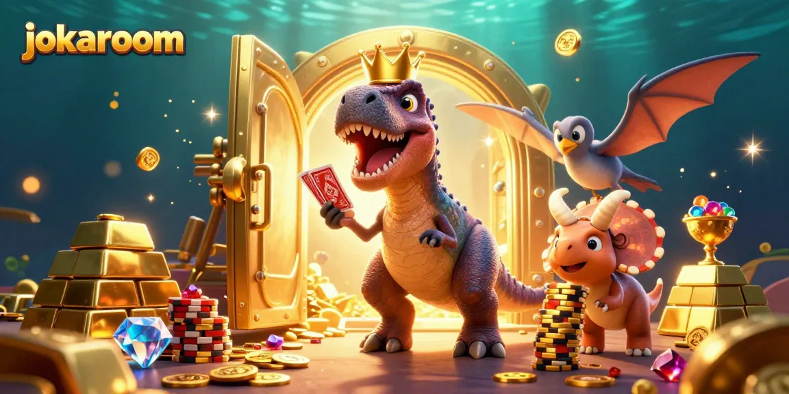 Experience fun at jokaroom casinos with friendly T-Rex shuffling cards and gold treasures.