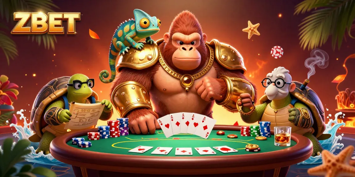 ZBET invites players to win big with thrilling poker battles featuring a dynamic gorilla king, chameleon spy, and wise tortoise elder.