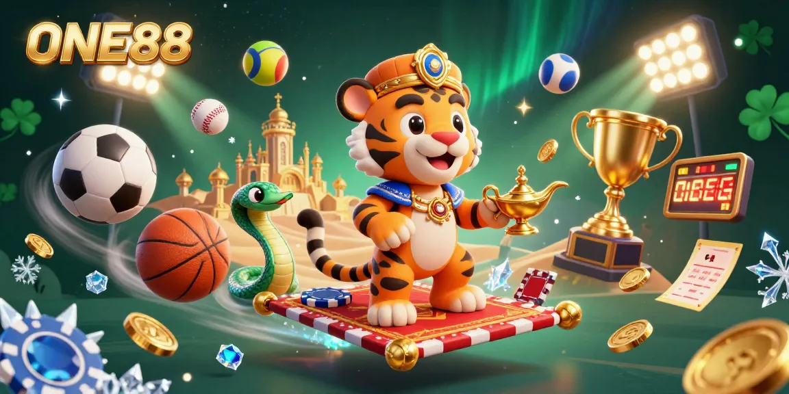 ONE88 engages players with vibrant casino-themed illustration featuring sports balls and golden elements.