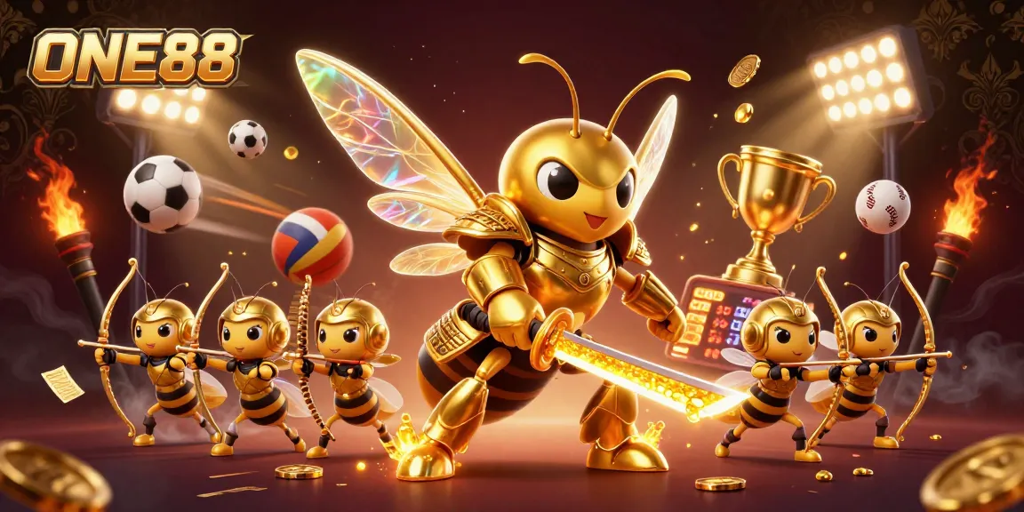 Engage with ONE88 for thrilling sports betting action featuring a dynamic golden hornet leading bee archers.